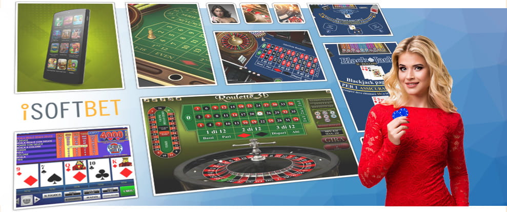 Alcuni dei prodotti casinò sviluppati dal developer indipendente iSoftBet, tra cui slot machine, giochi da tavolo per roulette e blackjack, con il logo della società e una testimonial.