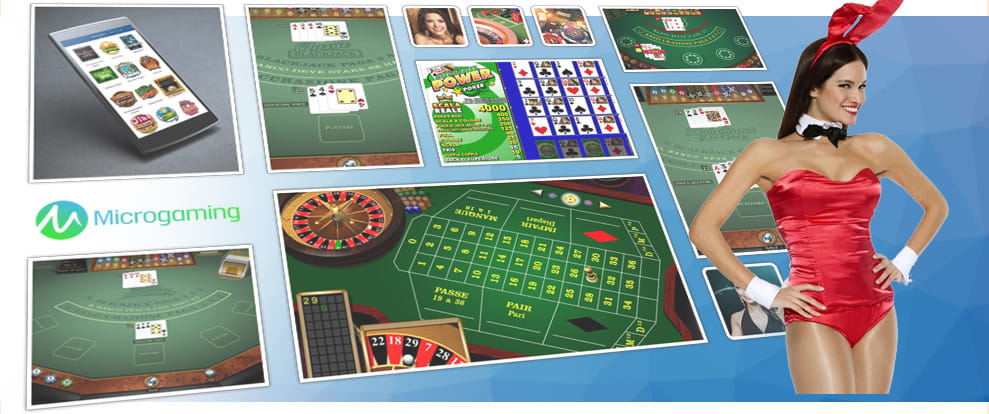 Alcuni dei prodotti ludici sviluppati da Microgaming, tra cui slot machine, giochi da tavolo per roulette e blackjack anche in real time, con il logo della società e una testimonial.