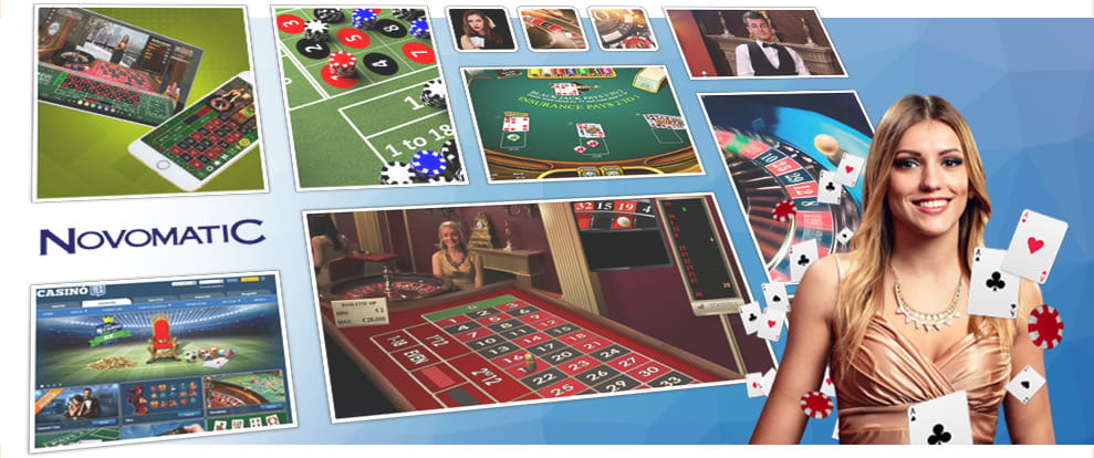 Una testimonial dei casinò Novomatic in primo piano. Sullo sfondo, i tavoli da gioco più popolari prodotti dalla software house.