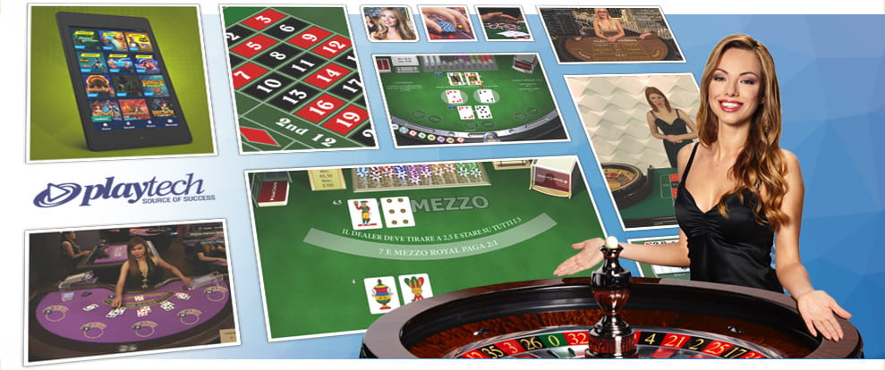 Alcuni dei prodotti ludici sviluppati da Playtech, tra cui slot machine, giochi da tavolo per roulette e blackjack anche in real time, con il logo della società e una testimonial.